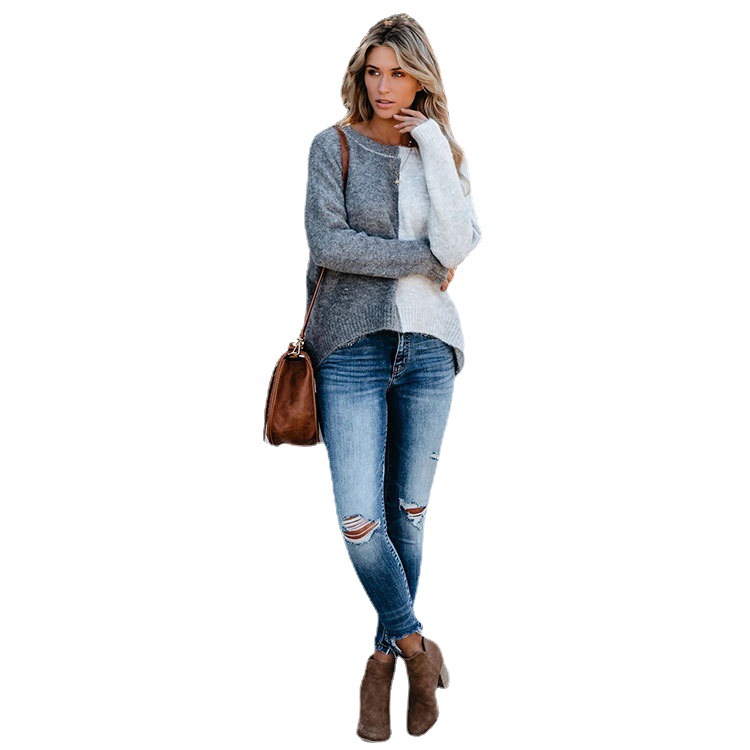 Women's Long Sleeve Color Block Sweater Casual Loose Round Neck Pullover