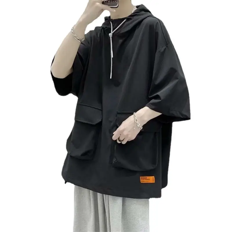 Multi Pocket Matching Top Summer Hooded Loose Sleeved