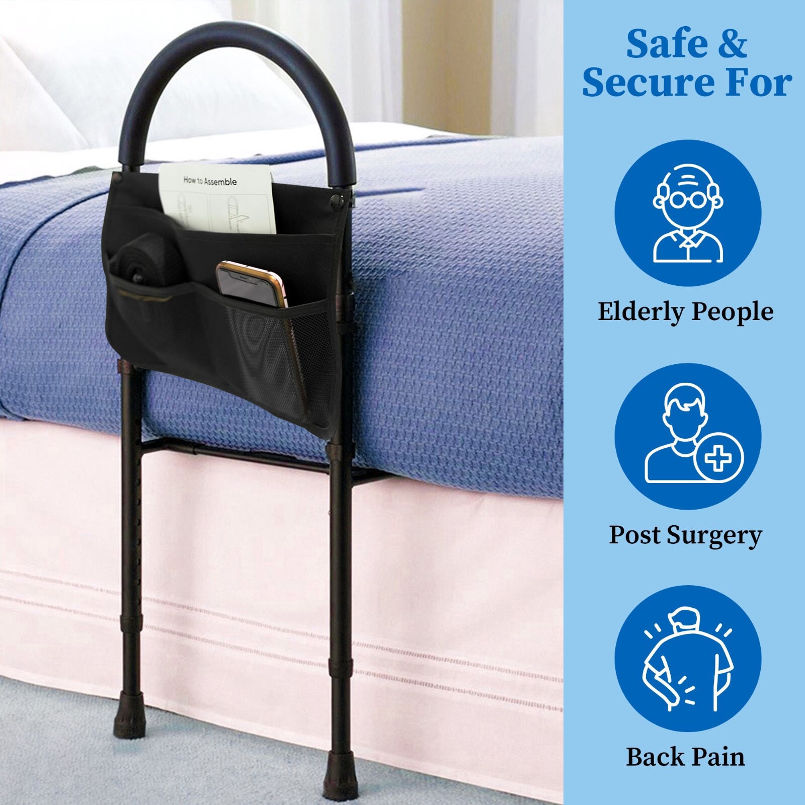 Bed Assist Safety Rail Adjustable Mobility Aid With Detachable Storage Pouch UK — image 5