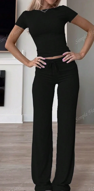 Women's Solid Color Short Sleeve T Shirt And Pants Set, Summer Black - Shop at LoveMi
