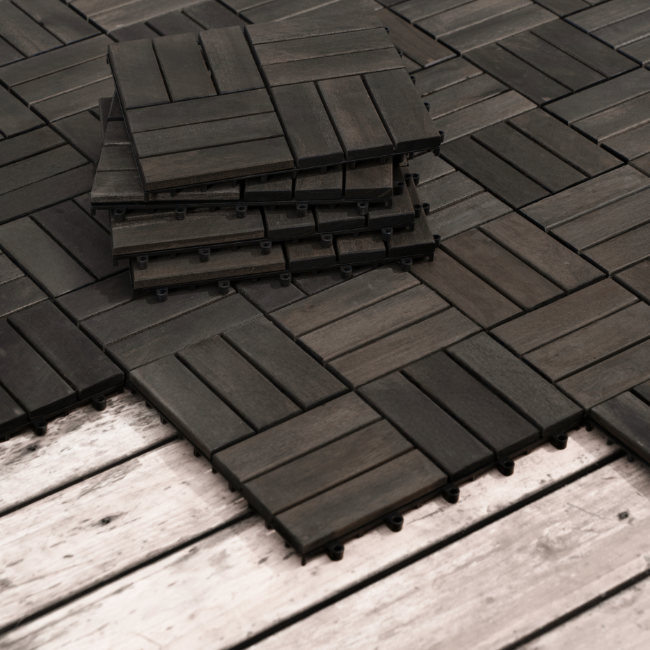 Acacia Wood Interlocking Deck Tiles Checker Pattern, 30 PCS 12inch X 12inch Dark Brown Square Acacia Hardwood Outdoor Flooring For Patio, Bancony, Pool Side