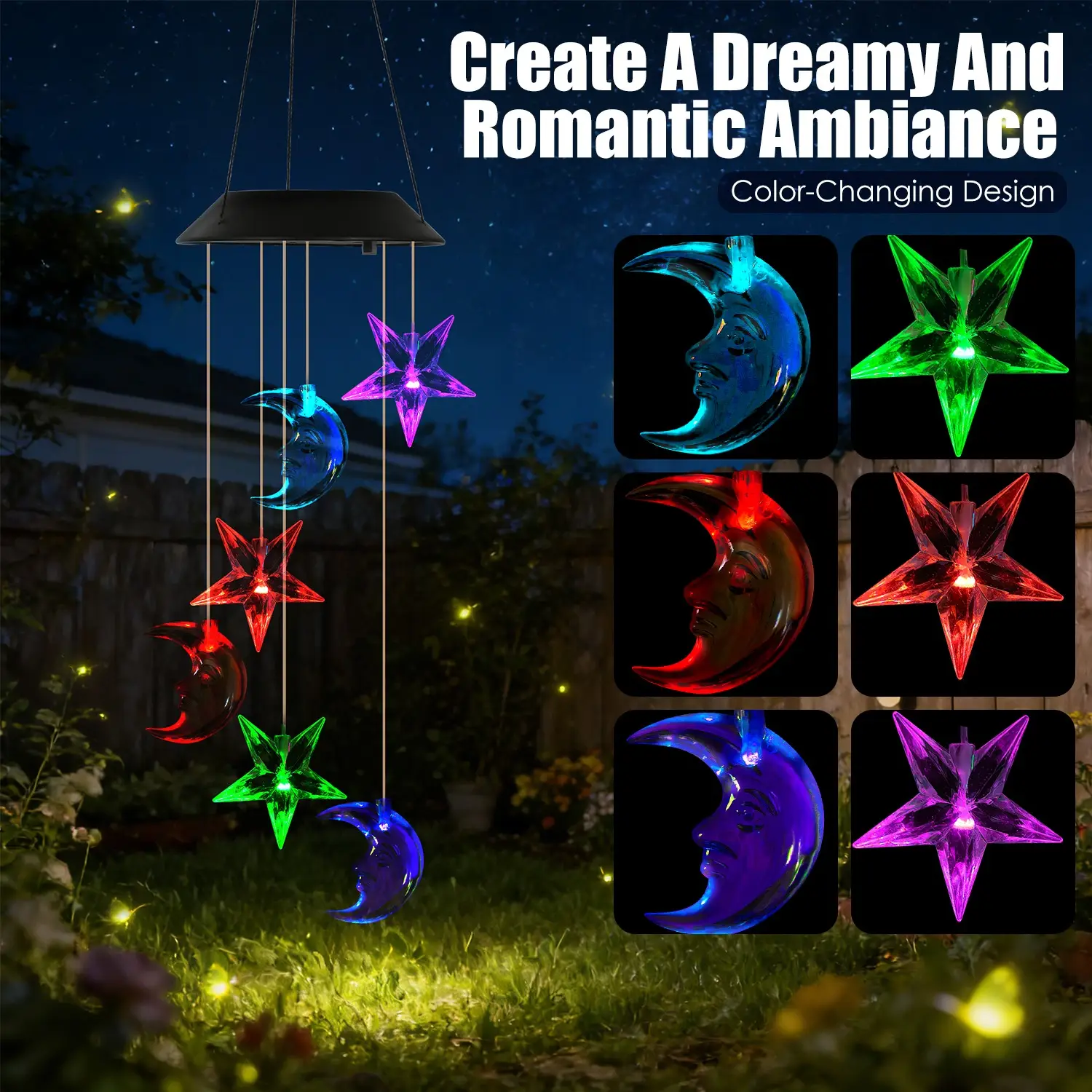 1Pc 2Pc Quantity Options Solar Moon And Star Wind Chime 7 Color Changing Wind Chime For Outside IPX4 Waterproof Outdoor Garden Yard Decor