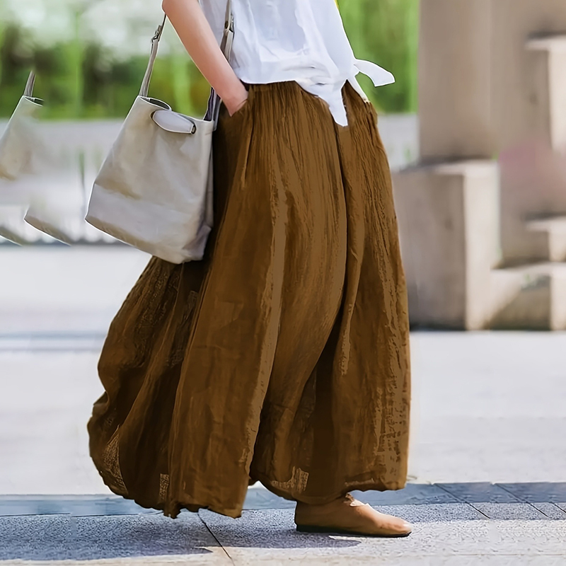 Women Bohemian Beach A Line Dress Elastic Waist Flowy Long Maxi Skirt With Pockets Brown - Shop at LoveMi