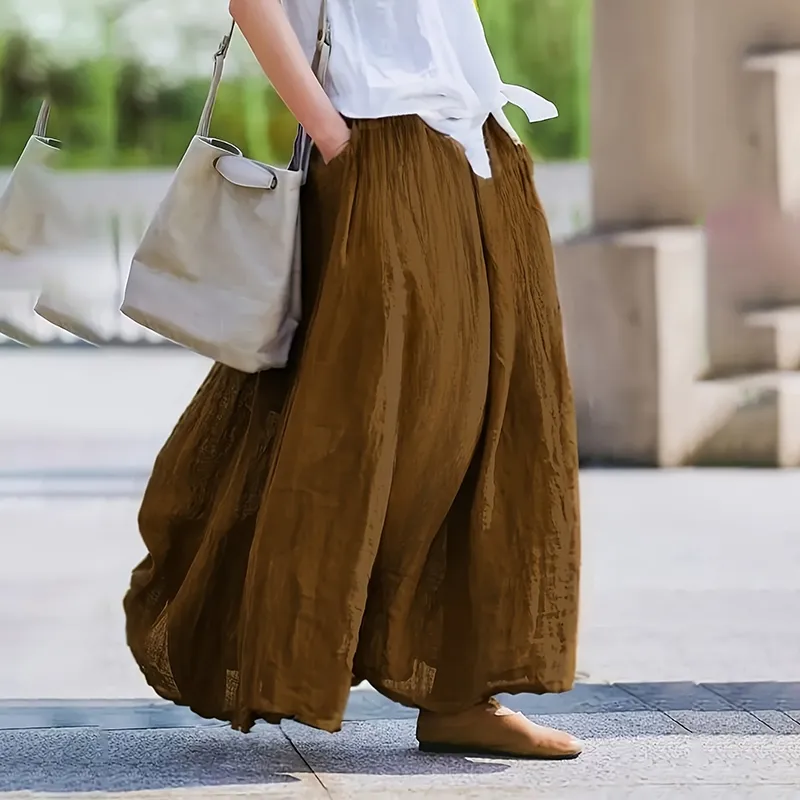 Women Bohemian Beach A-Line Dress Elastic Waist Flowy Long Maxi Skirt With Pockets - Brown