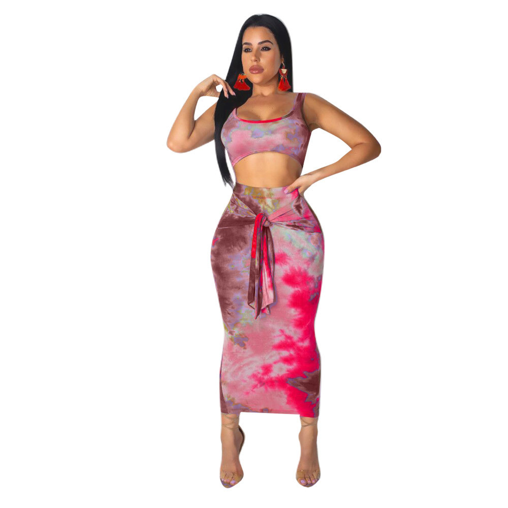 Two-piece Sexy Printed Vest Midi Skirt