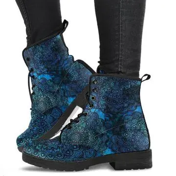 British PU Women's Shoes Fashion Tooling Boots Large Size Printing Autumn Ladies High top Martin Boots Blue - Shop at LoveMi