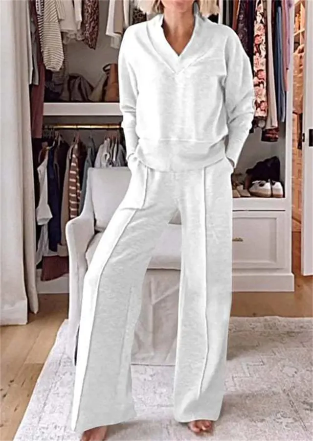 Long Sleeved Loose Top And Wide Leg Pants Two piece Set White - Shop at LoveMi