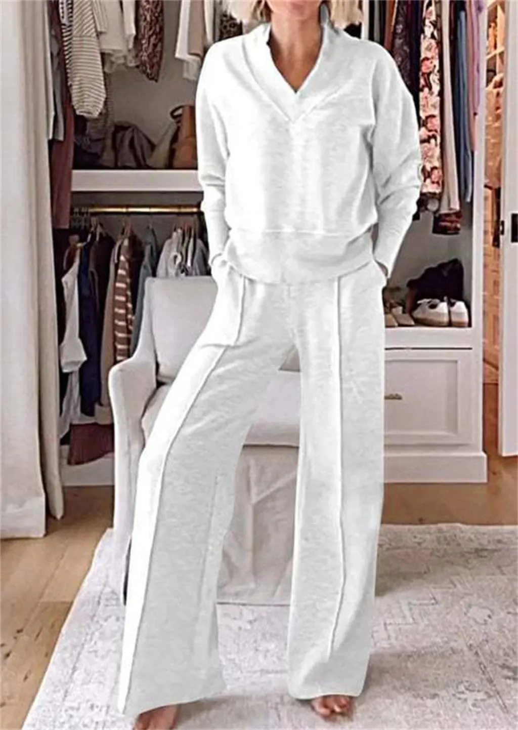 Long Sleeved Loose Top And Wide Leg Pants Two-piece Set - White