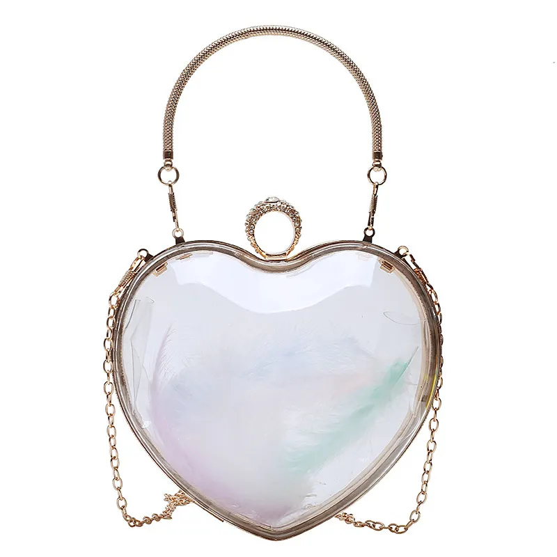 Women's New Trend Color Feather Transparent Heart Chain Shoulder Bag - Transparent