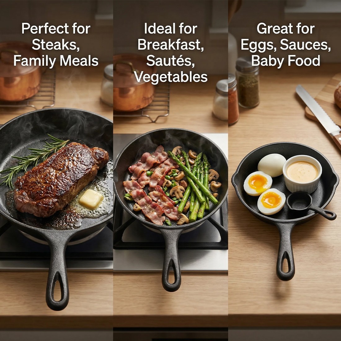 3pcs Pre-Seasoned Cast Iron Skillet Grill Pan With Handle For BBQ,Kitchen — image 10
