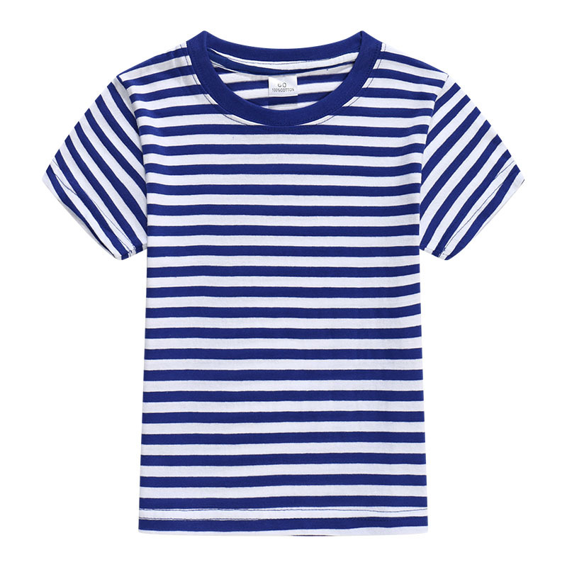 Children's Blue And White Stripes Round Neck Short Sleeve