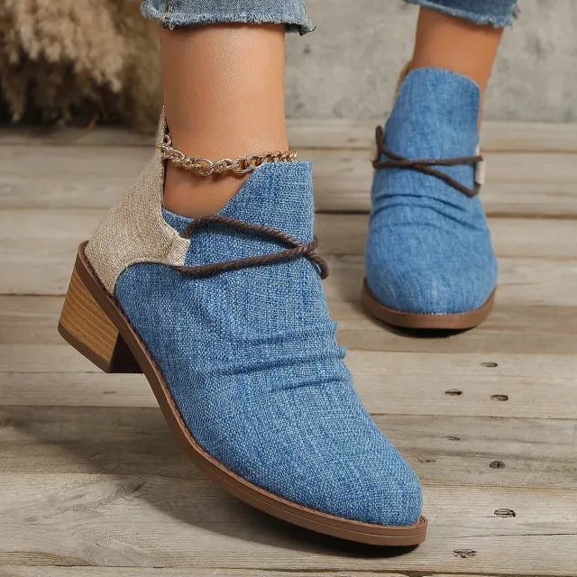 Women's Retro Boots Fashion Leopard Print Shoes Pointed Toe Square Heel Ankle Boots Blue - Shop at LoveMi