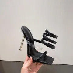 Summer New Roman Snake Wrap Square Toe Stiletto Sandals - Black - View 1