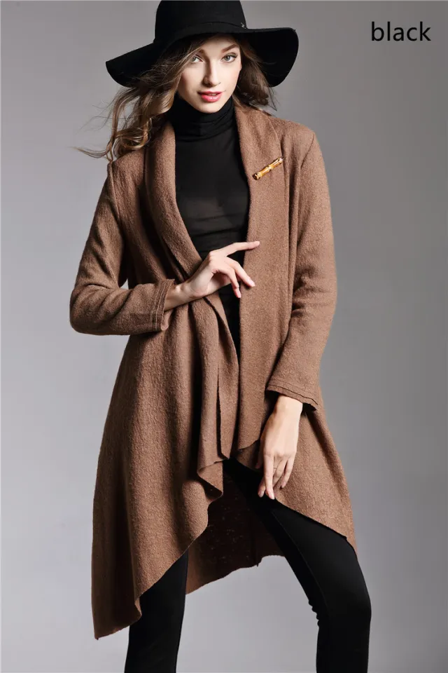 Long Sleeved Cloak Long Woolen Coat Black - Shop at LoveMi