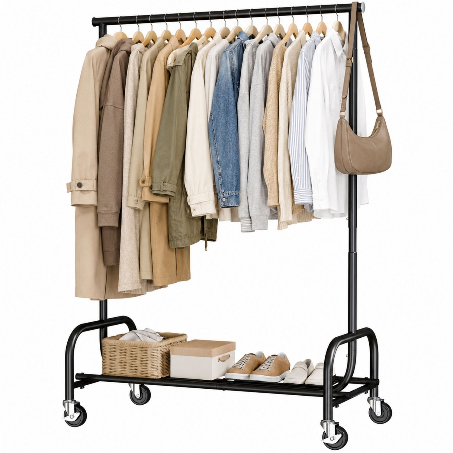 Clothes Rack With Wheels, Heavy Duty Adjustable Height Garment Rack, Portable Rolling Stand With Mesh Shelf And Extendable Rod For Bedroom Laundry