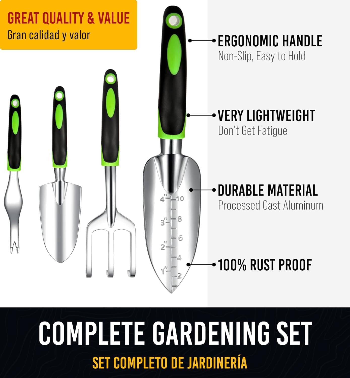 9-Piece Heavy Duty Garden Tools Set GIFT FOR MEN & WOMEN Best gardening gift for women, men, mother's day, father's day 1 PREMIUM GARDEN TOOLS Our gardening tool set comes with a Transplanter, Trowel, Hand Rake, Weeder, Pruner, 15 Plant tags, a pair of Ha