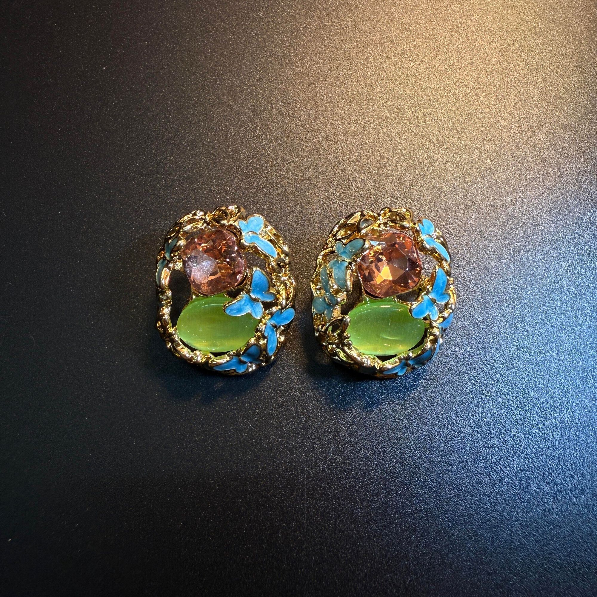 Blossom Olive Vintage Antique Jewelry, Green Butterfly Cat Eye Enamel Crystal Stud Earrings For Women