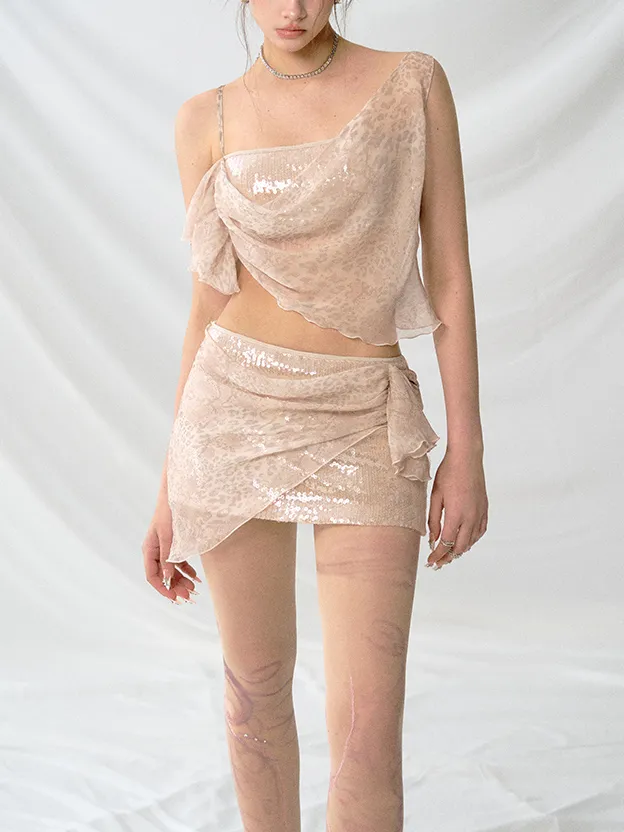 Sequined Leopard Print Chiffon Irregular Camisole Skirt Suit Pink - Shop at LoveMi