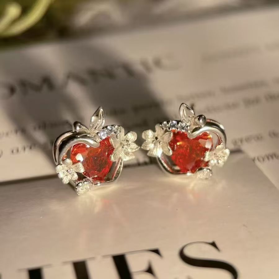Boucles d'oreilles fleur begonia zircon rubis — style game élégant 1
