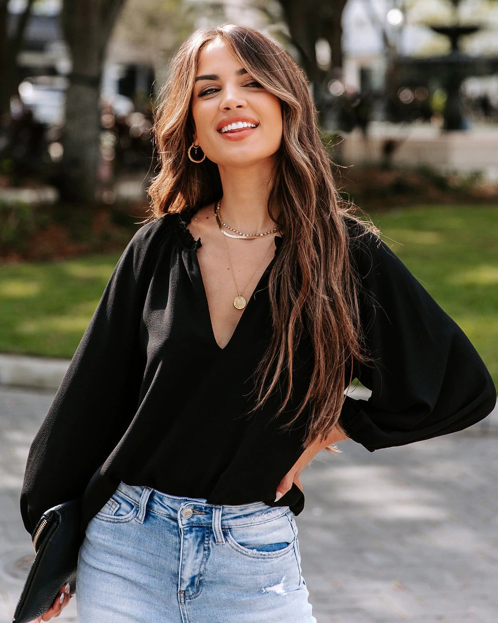 Women's Cool Long-sleeved Shirt Solid Color Comfortable Casual V-neck Loose Top