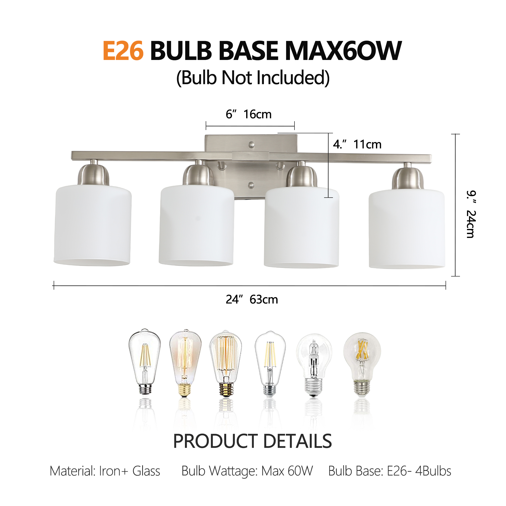 Brushed Nickel Bathroom Light Fixtures, 4-Light Modern Vanity Light Over Mirror, Wall Sconces With Milky White Frosted Glass Shades, E26 Socket  Bulbs Not Included