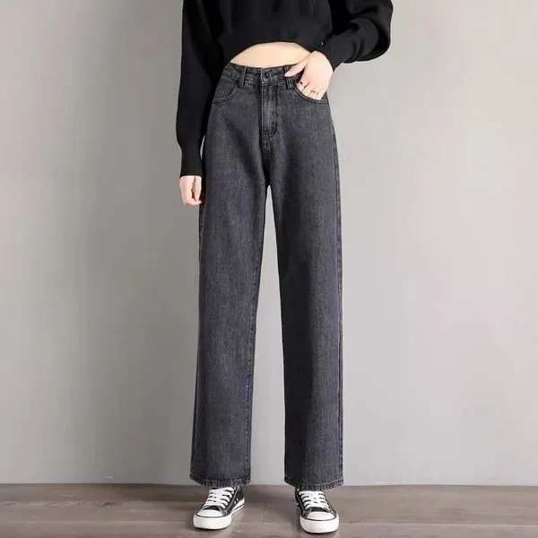 High Waist Jeans Women's Straight Tube Loose Grey - Shop at LoveMi