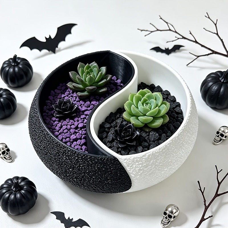 Modern Yin Yang Planter Pot, Two Tone Succulent Flower Pot For Home Office Desk Decoration