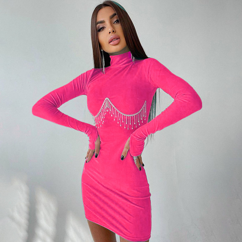 Fashion Diamond Chain Decoration Slim Finger Sleeve Hip Dress