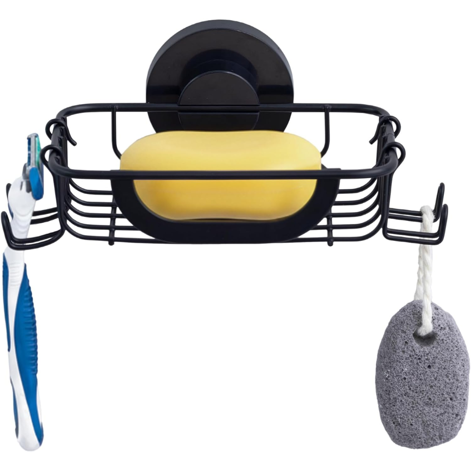 Stainless Steel Soap Holder With Suction Cup & Hooks, Black Wall-Mounted Soap Dish For Bathroom & Shower