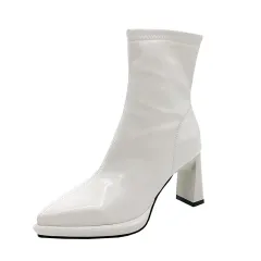 Thick-heeled Fashion Heighten Elastic High-heeled Martin Boots - White - View 1