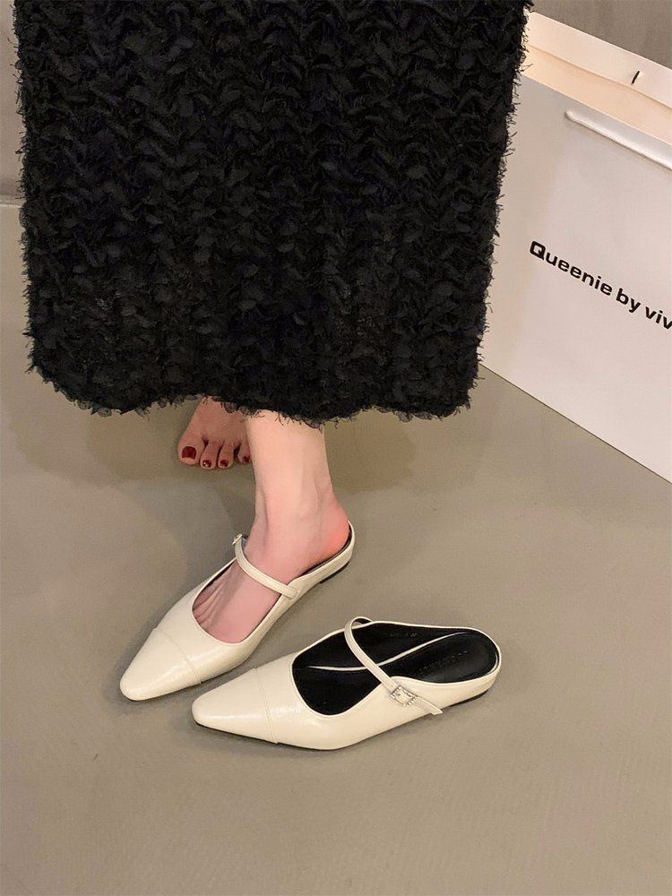 French Retro Slip-On Flats For Women 2026 Spring New Arrival, Pointed Toe Fashion Shoes, Closed Toe Backless Low Heel Sandals