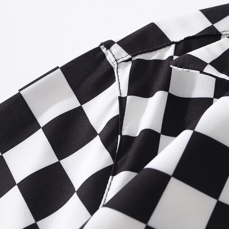 Title 8, Japanese Retro Black And White Plaid Print Shor...