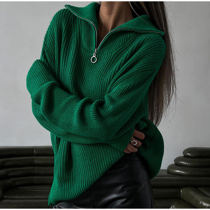 Zipper Sweater Pullover Knitted Loose Casual Women's Wear
