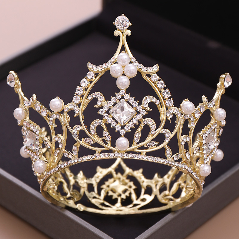 Baroque Bridal Tiara Crown Square Diamond Round Princess Crown Gold - Shop at LoveMi