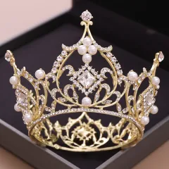 Baroque Bridal Tiara Crown Square Diamond Round Princess Crown - Gold - View 1