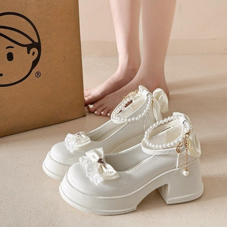 Sweet Pearl Bow Platform Mary Janes 2026 New Lolita Style Chunky Heel Pumps