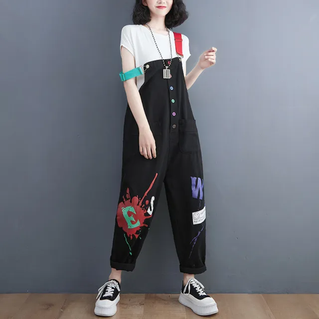 Women's Summer Thin Loose Plus Size Printed Denim Overalls Black - Shop at LoveMi