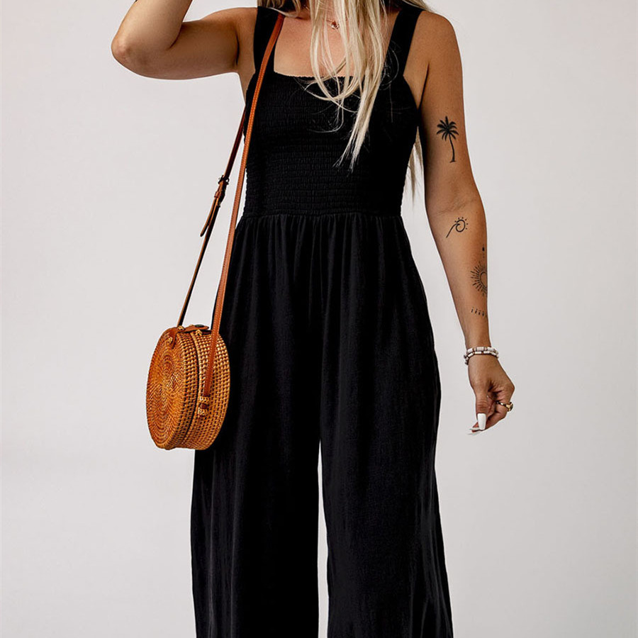 Shiying Black Square Collar Smocking Pleated Jumpsuit Women’s Wide Leg Pants