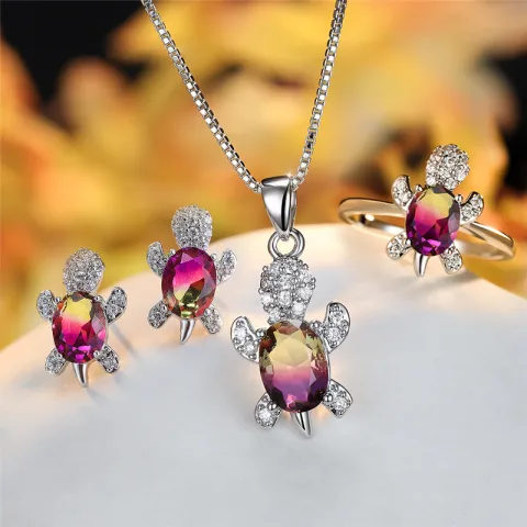Fashion Oval Zircon Pendant Turtle Shape Necklaces with Rainbow