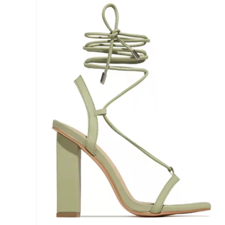 Women Shoes Square Toe Ankle Lace-Up Strappy Sandals Fashion Party Pumps - Green