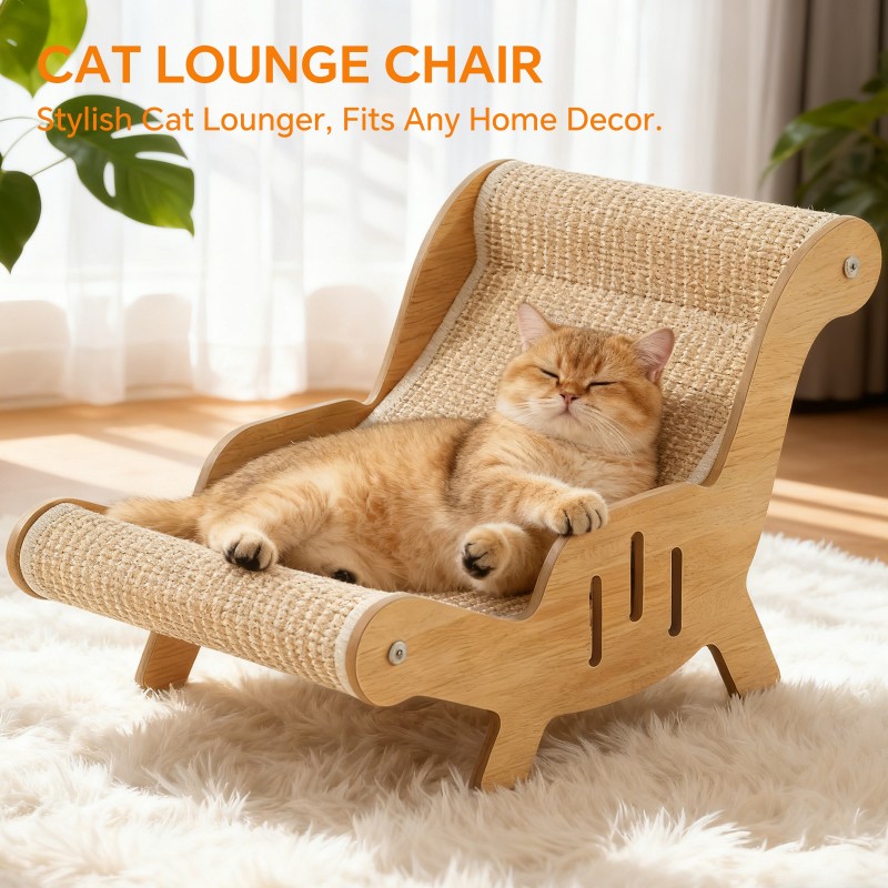 Adjustable Angle Sisal Cat Scratcher Lounge Chair, Wooden Frame,Sisal Scratching Surface, Multi-Angle 2-in-1 Scratching - Lounging