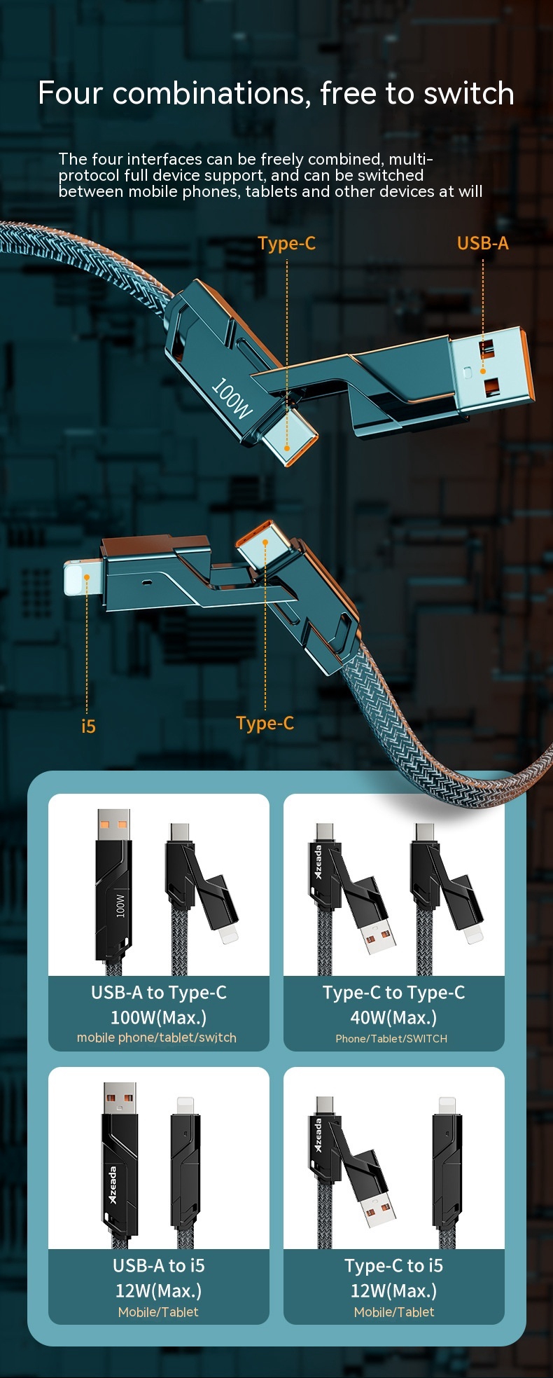 Title 3, Braided Four In One Mobile Phone Charging Cable