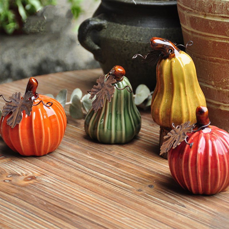 Pumpkin scene ceramic rustic painted ornament (yellow)