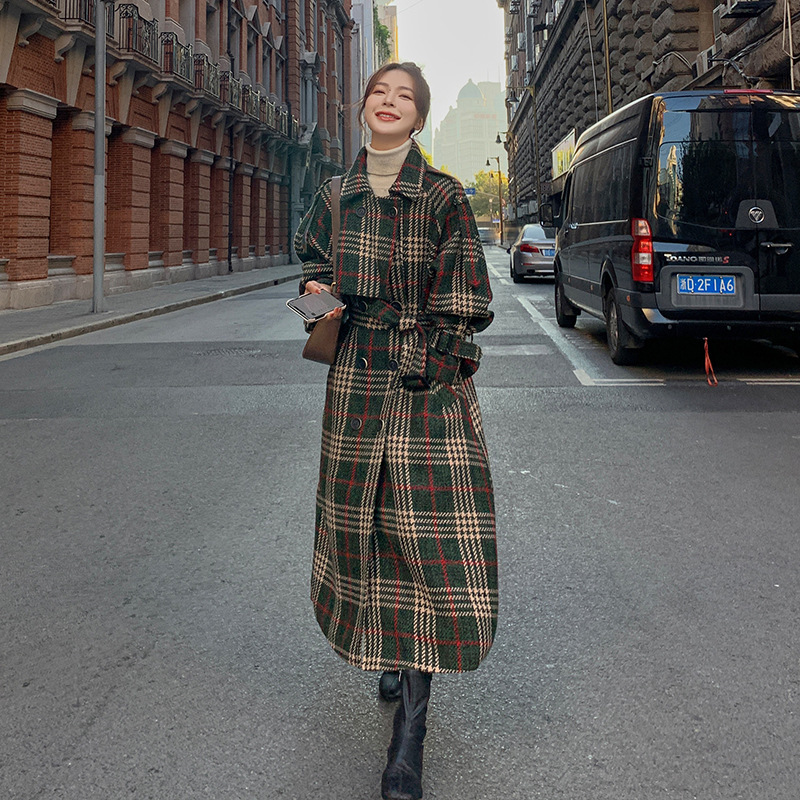 Green Plaid Loose Mid-length Woolen Coat