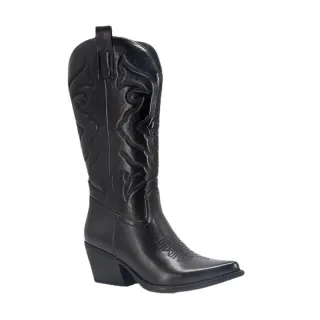 Women's Vintage Big Waist Chunky Heel High Cowboy Boots - Black
