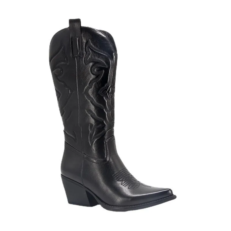 Women's Vintage Big Waist Chunky Heel High Cowboy Boots - Black
