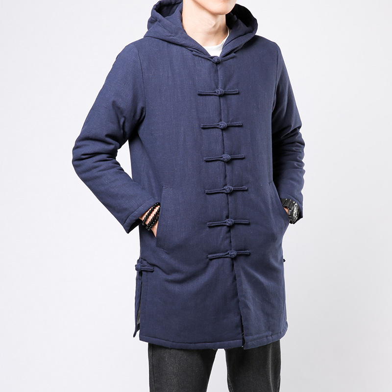 معطف قطني رجالي فضفاض بقبعة بتصميم تانغ بلون موحد