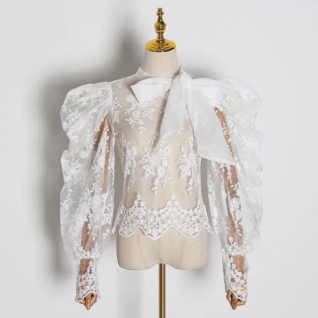Mesh Hollow Bubble Sleeve Lace Shirt White - Shop at LoveMi