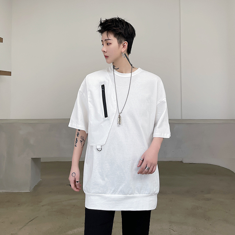 Personality Trend Stitching Functional Zipper Short Sleeve T-shirt For Men