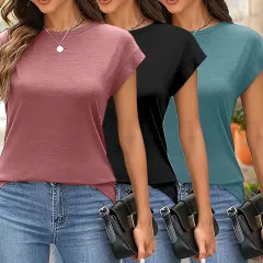Women's 3-Pack Round Neck Solid Colour Short Sleeve T-Shirts - Basic Casual Summer Tops - Rosered Black Blue - View 1